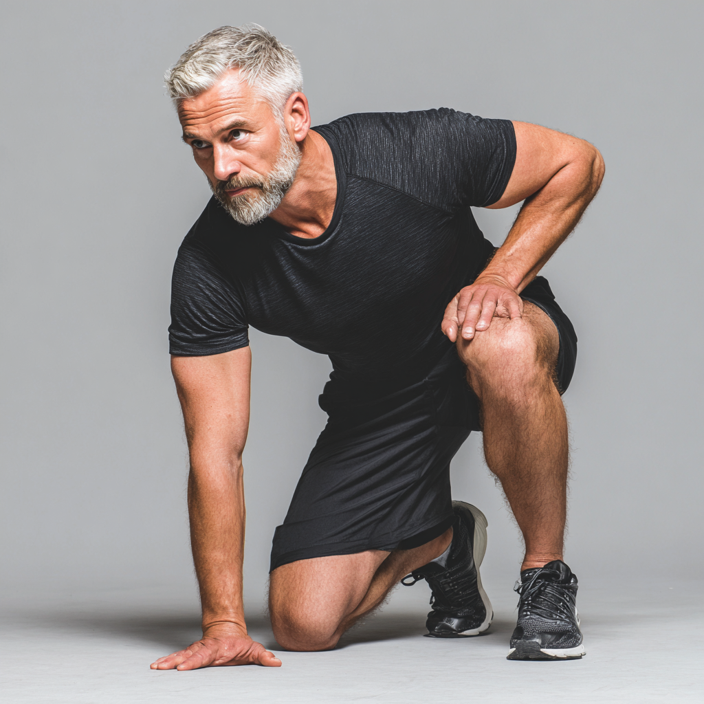 50 years old person demonstrating proper exercise form with focused concentration