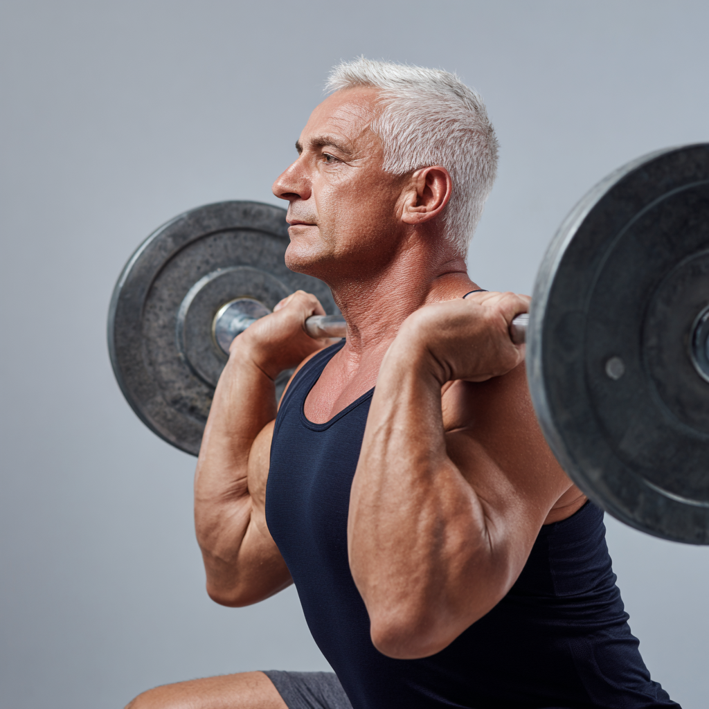 52 years old person performing strength training with focus on proper posture and technique
