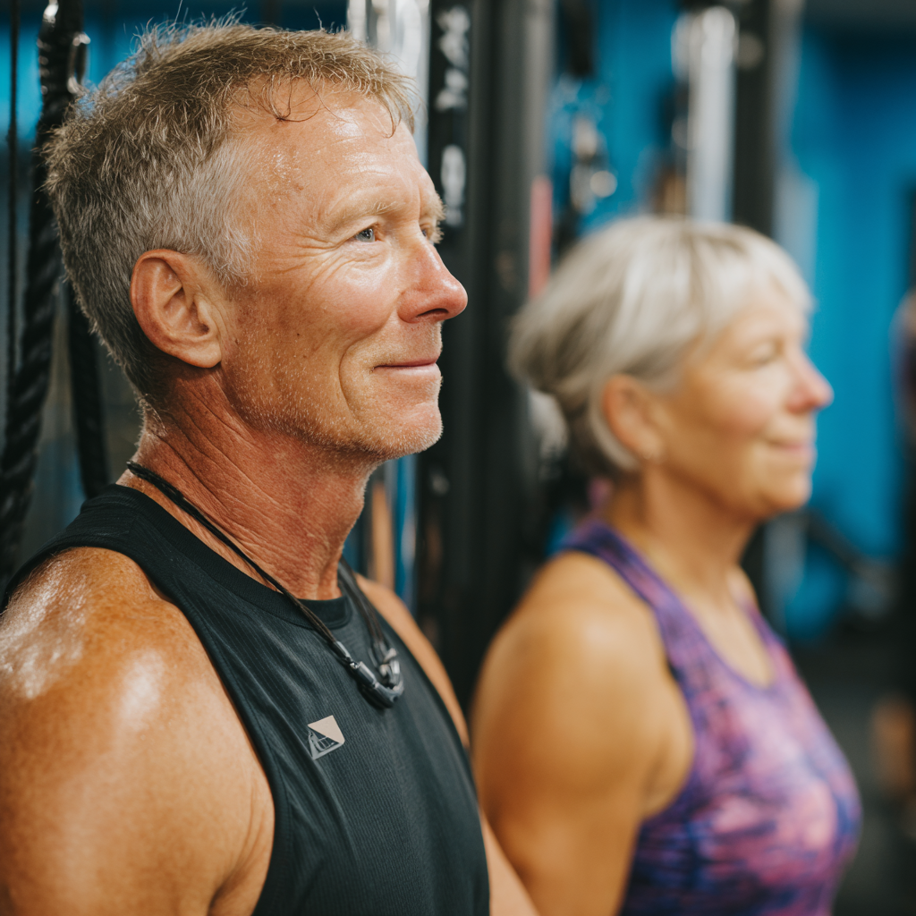 Professional 53 years old trainers working with 50 years old adults in supportive fitness environment